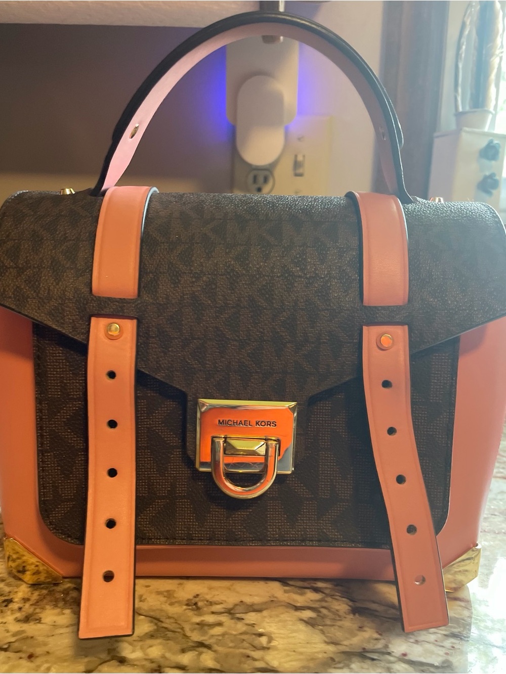 Michael Kors Brown MK Logo Satchel with Pink Trim and Gold Hardware